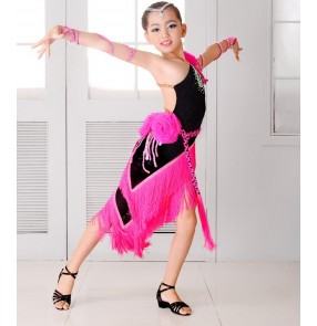 Black fuchsia hot pink patchwork fringes tassels one shoulder backless girls kids children diamond competition performance latin cha cha dance dresses outfits